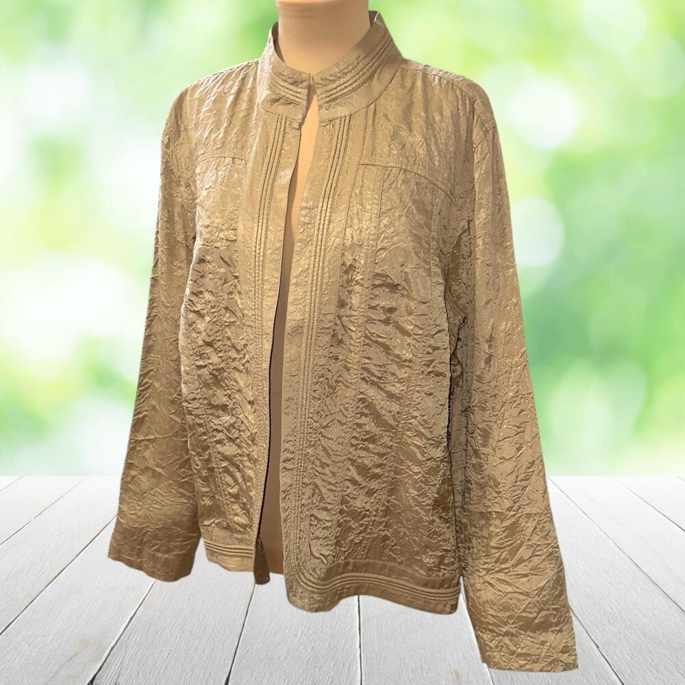 ADDITIONS By CHICOS Jacket Crinkle Art Silk Champagne Pleated Textured Sz 2 (L)